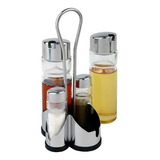 Galheteiro De Vidro Com Suporte E Tampas Cromadas Azeite Vinagre Sal Temperos