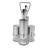 Galheteiro Inox E Vidro Porta Azeite 5 Peça Suporte Saleiro