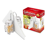 Galheteiro Porta Temperos E Guardanapo De Vidro Aço Inox