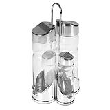 GALHETEIRO VIDRO DE MESA 5 PECAS SUPORTE KIT AZEITE VINAGRE SAL TEMPERO COZINHA BAR RESTAURANTE PORTATIL CROMADO