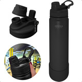 Garrafa Térmica 2 Em 1 800ml Tampa Dupla Com Canudo E Bico Alça Base Emborrachada Antiderrapante Bebida Quente E Fria Aço Inox Cor Preto Irsina