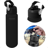 Garrafa Térmica 800ml Tampa Com Canudo Retrátil Squeeze Academia Caminhada Alça Água Gelada E Quente Aço Inox Cor Preta Irsina