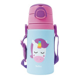 Garrafinha Infantil Buba Alumínio 400ml Canudo De Silicone Cor Azul E Rosa