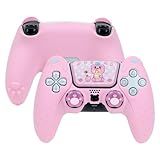 GeekShare Cute Bear PS5 Controller Skin Set Capa Protetora De Silicone Antiderrapante Capa Para Playstation 5 Controle Sem Fio Com 2 Tampas De Punho De Polegar E 1 Adesivo Rosa 