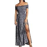 Generic Vestidos Formais Para Jovens Manga Curta Floral Longo Boêmio Franzido Com Fenda Vestidos Femininos J 693 Azul Royal M