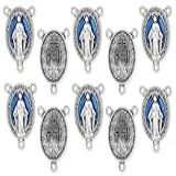 Gifts Catholic Inc Lote De 10 Medalha Miraculosa Rosário Centro Banhado A Prata Com Detalhes Em Esmalte Azul 2 5 Cm