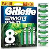 GILLETTE Mach3 Sensitive Carga Para Aparelho De Barbear Reutilizável - 8 Refis Com Aloe- Barbear Rente Com Menos Irritação Para Homens Com Pele Sensível