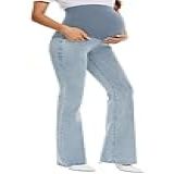 GLAMIX Calça Jeans Feminina Elástica Para Gestantes Com Bolsos Sobre A Barriga Boca De Sino Calça Flare Demin Roupas De Gravidez Azul Claro M