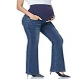 GLAMIX Calça Jeans Feminina Elástica Para Gestantes Com Bolsos Sobre A Barriga Calça Jeans Flare Roupas De Gravidez Azul Marinho M