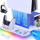 Gllai Base De Carregamento Com Resfriamento Para Controladores Ps5 Com Iluminação Rgb E Ventilador De Resfriamento Interno Compatível Com Ps5 E Ps5 Slim Branco