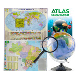 Globo Terrestre Mondo 30cm Luz Mapas Br Mundi Lupa Atlas