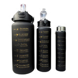 Golden Rio Antivazamento Academia Treino Kit 3 Garrafa Água Portátil Squeeze 2l 800ml 300ml Motivação Cor Preto
