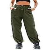 Goranbon Calça Cargo Feminina Folgada Casual Moderna Perna Larga Cintura Elástica Paraquedas Verde Militar M