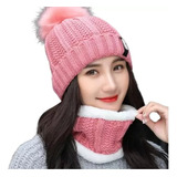Gorro Touca cachecol Lã Pompom Feminina Forrada Brinde Luva