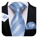 Gravata Seda Luxo Azul Clara Listras Noivo Lenço Abotoaduras Comprimento 150 Cm Cor Azul celeste