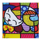 Gravura Para Quadros Colorida Romero Britto Happy Cat 34x34