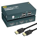 GREATHTEK Displayport Kvm Switch 2 Portas 4K 60 Hz Dp Kvm Com 4 Portas Usb 2 0 Displayport Kvm Switch Para 2 Pc Share 1 Monitor Teclado E Mouse Interruptor De Botão De Suporte Com 2 Cabos Dp E 2