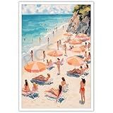 Guarda Sóis Costeiros Vintage Azul E Rosa Pôsteres Pastel Verão Praia Vaqueira Arte De Parede Mulher Natação à Beira Mar Estampas Estéticas Pintura Para Casa Quarto Dormitório Decoração De Parede 20 X