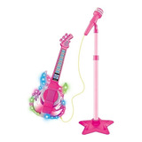 Guitarra E Microfone Infantil Com Som E Luz   Kids Band Rosa