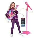 Guitarra E Microfone Infantil Instrumento Brinquedo Musical Com Luz E Som Pedestal Karaokê Conecta Celular -Rosa-