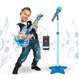 Guitarra E Microfone Infantil Instrumento Brinquedo Musical Com Luz E Som Pedestal Karaokê Conecta Celular Azul 