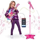 Guitarra E Microfone Infantil Instrumento Brinquedo Musical Com Luz E Som Pedestal Karaokê Conecta Celular Rosa 