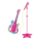 Guitarra E Microfone Infantil Rosa Conecta Celular Luz Som