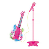 Guitarra Infantil Com Microfone E Pedestal Rock Show Rosa