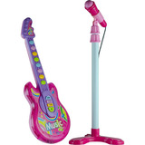 Guitarra Rosa Infantil Pedestal Microfone Musical 12 Sons