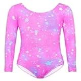 Gymnastics Leotards For Girls Long Sleeve Tumbling Outfit Size 6 7 Years Old Sparkle Pink Stars Printed Classic Fitted Bodysuits