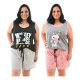 Kit 2 Pijamas Plus Size Feminino Baby Doll Camiseta Verão