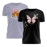 Kit 2 Tshirt Blusa Feminina Camiseta Tigre Borboleta