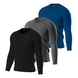 Kit 3 Camisas Térmicas Proteção Uv Preta Azul Cinza