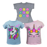 Kit 3 Camisetas Para Meninas Infantil Malha 100% Algodão