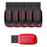 Kit 5 Pendrive Usb 64gb Flash Drive Memory Stick Blade 2.0 Cor Preto E Vermelho Lisa