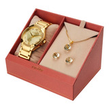 Kit Relógio Feminino Elegante + Colar E Brincos Condor Cor Da Correia Dourado Cor Do Bisel Dourado Cor Do Fundo Dourado