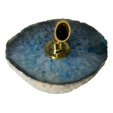 Porta Canetas Dourado Em Chapa De Pedra Ágata Azul 162g 8cm