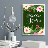 Quadro Shabbat Shalom - Floral 33x24cm - Com Vidro