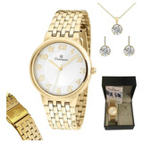 Relógio Champion Feminino Dourado Pequeno + Colar E Brincos Cor Do Fundo Branco