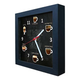 Relógio De Parede Decorativo Caixa Alta Tema Cafés - Qw019 Estrutura Preto Fundo Preto