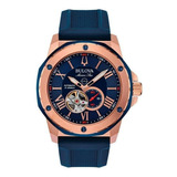 Relógio De Pulso Bulova 98a22 Com Corria De Silicone Cor Azul - Bisel Ouro Rosa