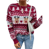  Suéter Vermelho Feminino Com Estampa De Alces De Natal