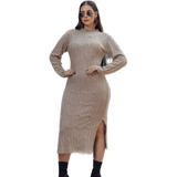 Vestido Feminino Midi Canelado Mousse Tricot Inverno 2024