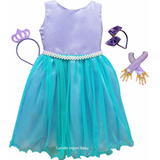 Vestido Infantil Ariel Pequena Sereia Luxo Coroa E Luvas 
