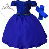 Vestido Infantil Curto Azul Royal Com Luva E Tiara Coroa Princesa Luna - Daminha Formatura Batizado Aniversário